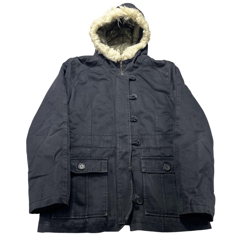 Roxy Coat Womens Large Black Cotton Hooded Faux Fur Trim Quilted Parka Winter